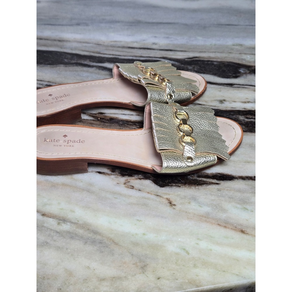 Kate Spade New York Gold Metallic Leather Kiltie Fringe Chain Slide Sandals 9.5M - Picture 4 of 10
